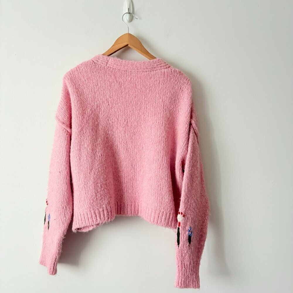Zara Floral Fuzzy Chunky Knit Cardigan Sweater Pink Size Large - Picture 6 of 8